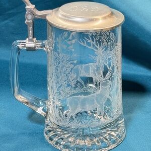 ALWE Etched Glass Beer Stein Buck Elk Stag Mug Dad Engraved on Lid W Germany